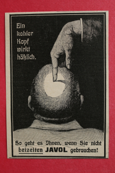Blatt Historische Werbung JAVOL 1905 Kahle Kopf wirkt häßlich Haarwuchsmittel